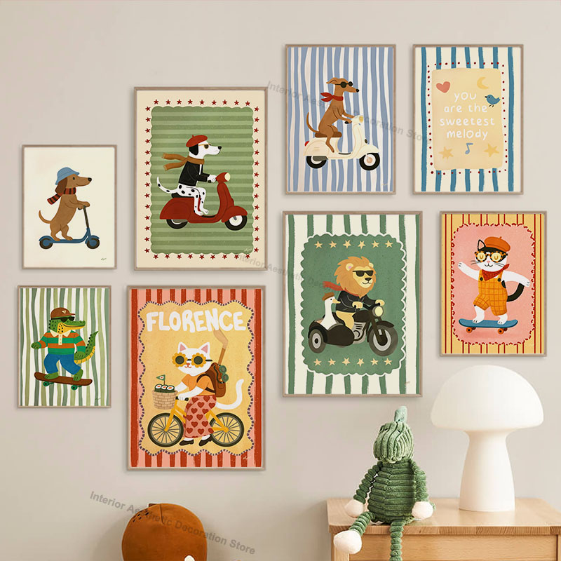 Baby Nursery Animal Pictures - Funny Cartoon Animals Vehicle Nursery Wall