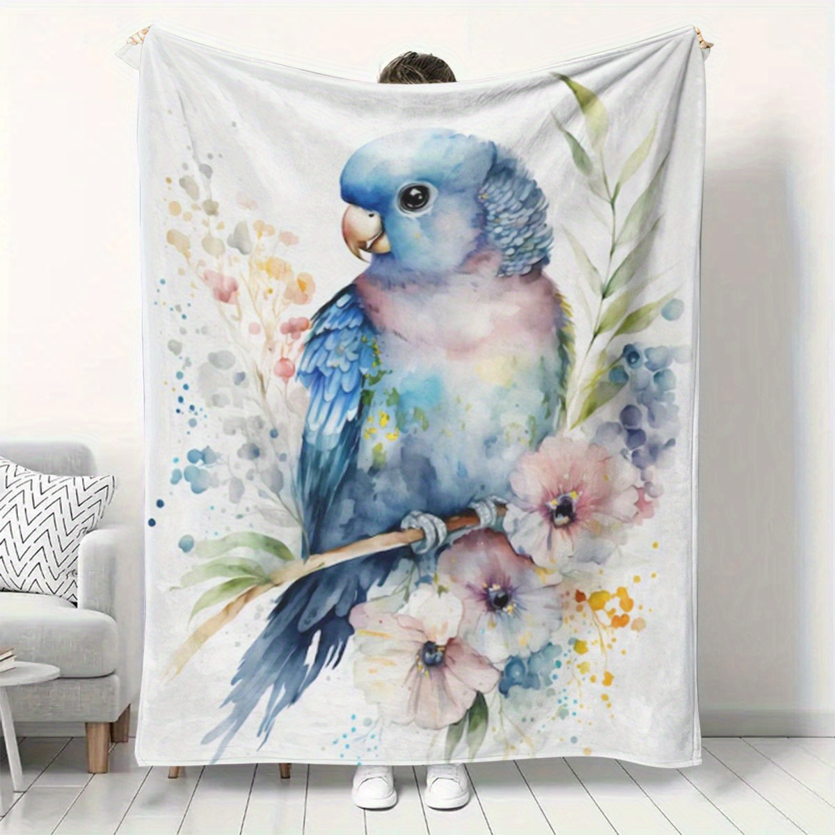 Baby Nursery Accent Wall - Watercolor Parrot Floral Blanket Throw Boho