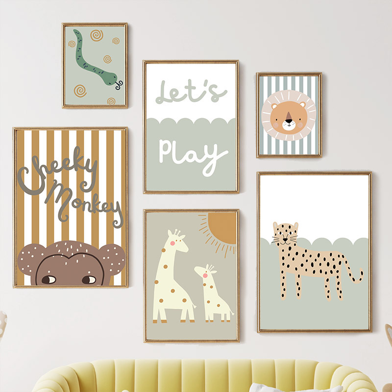 Baby Nursery Animal Pictures - Cartoon Giraffe Leopard Lion Monkey Snake