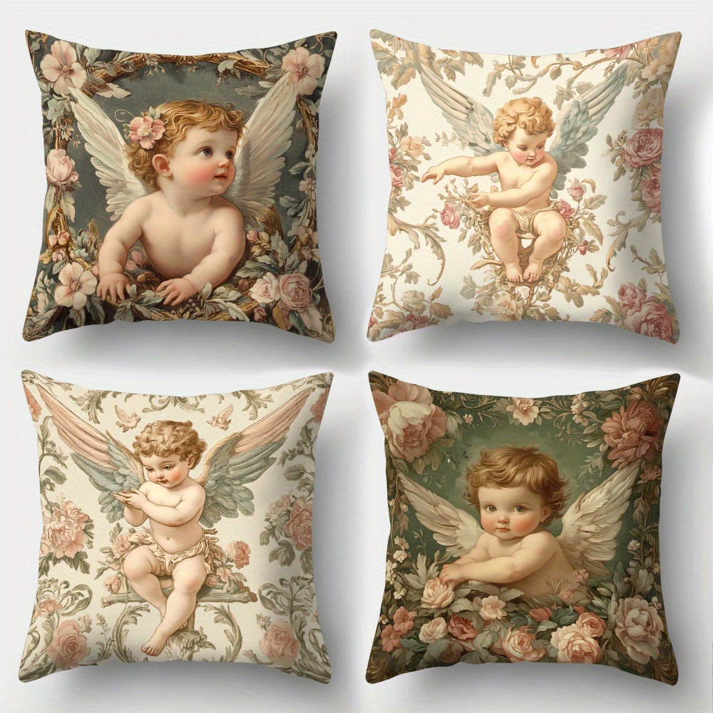Baby Nursery Vintage - Printed Angel Floral Pillow Covers Set