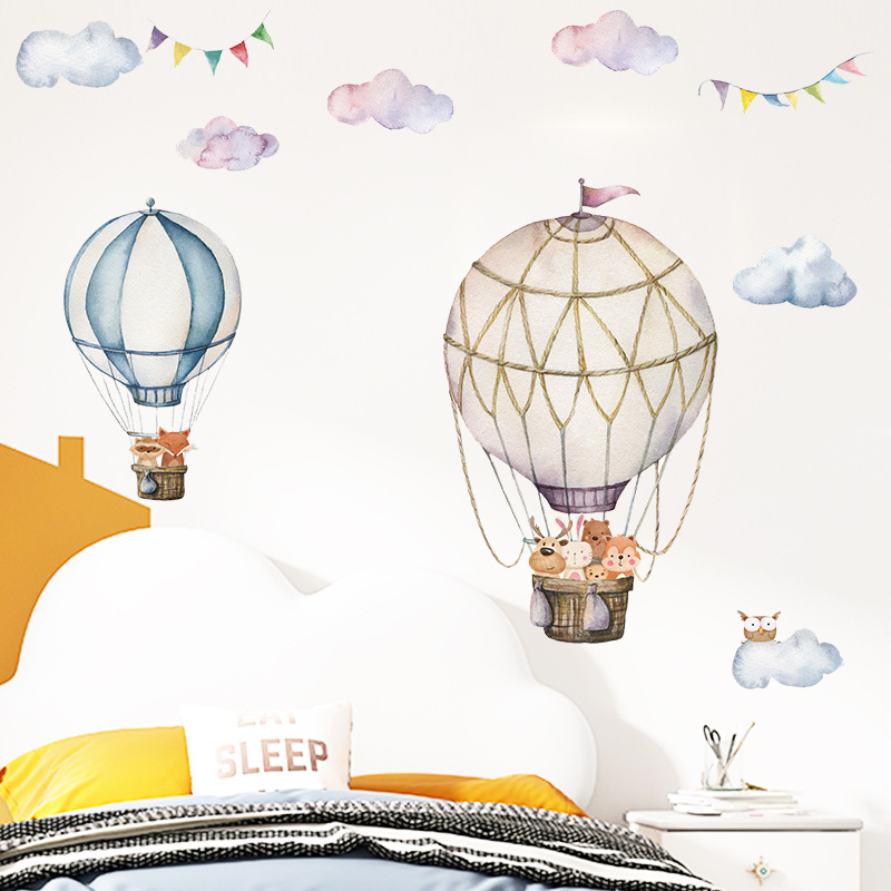 Cartoon Animal Hot Air Balloon - Baby Nursery Mural Wallpaper ulasan dan harga