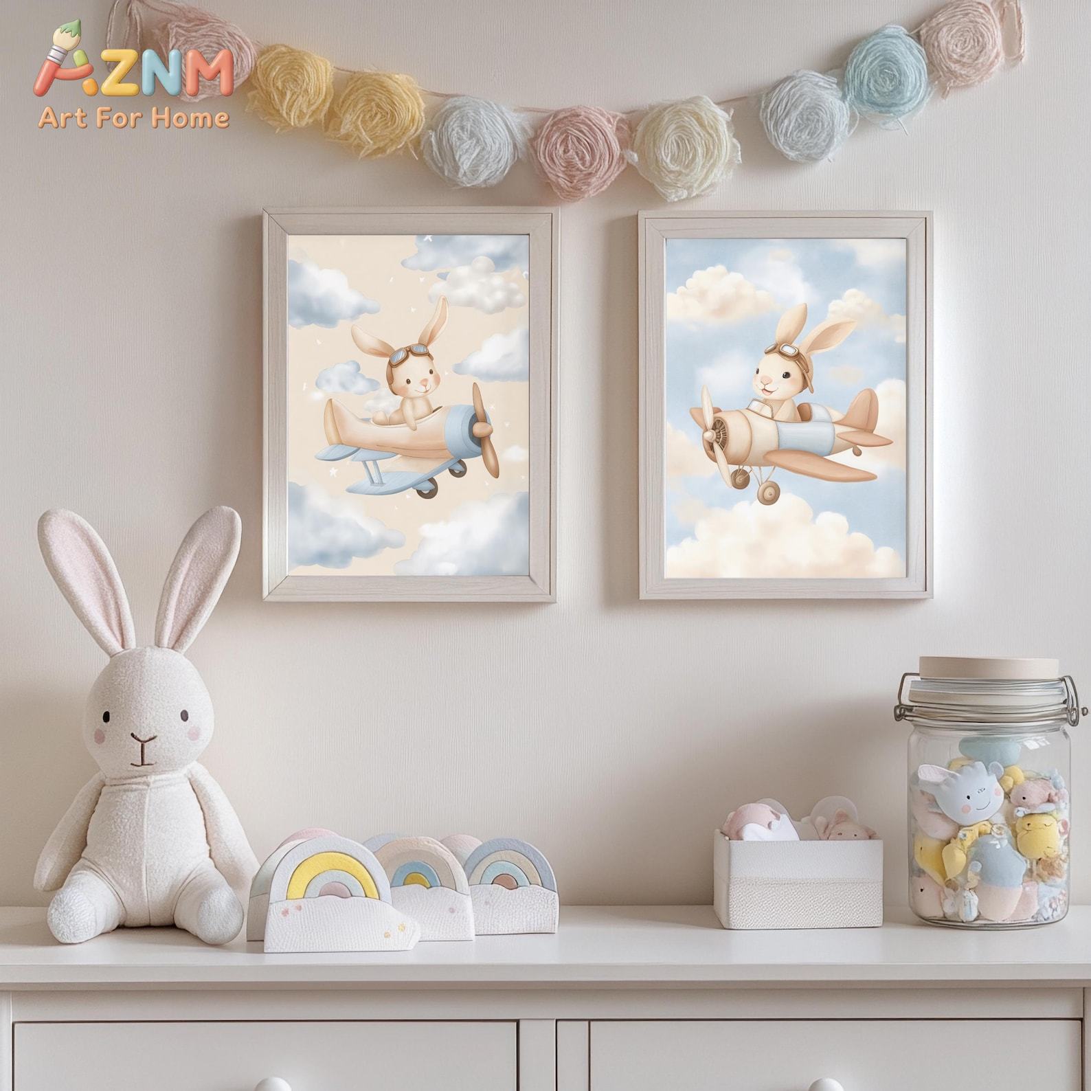 Bunny Airplane Wall Art Set of - Baby Nursery Animal Theme ulasan dan harga