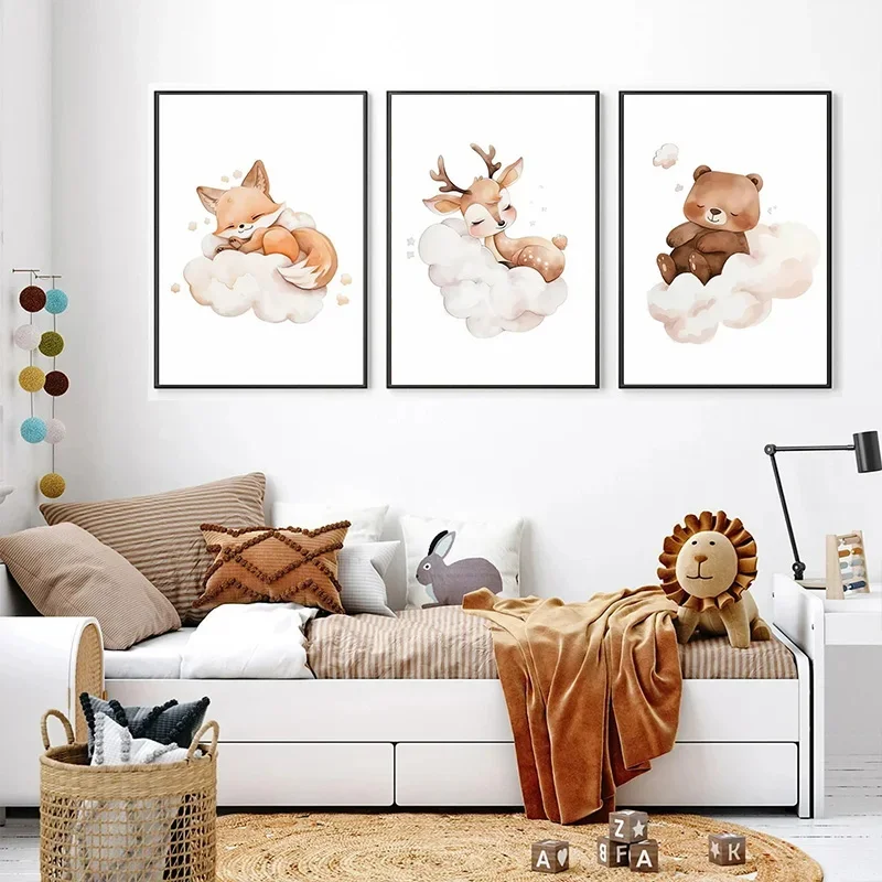 Cartoon Cloud Animal Canvas Pa - Baby Nursery Animal Pictures ulasan dan harga