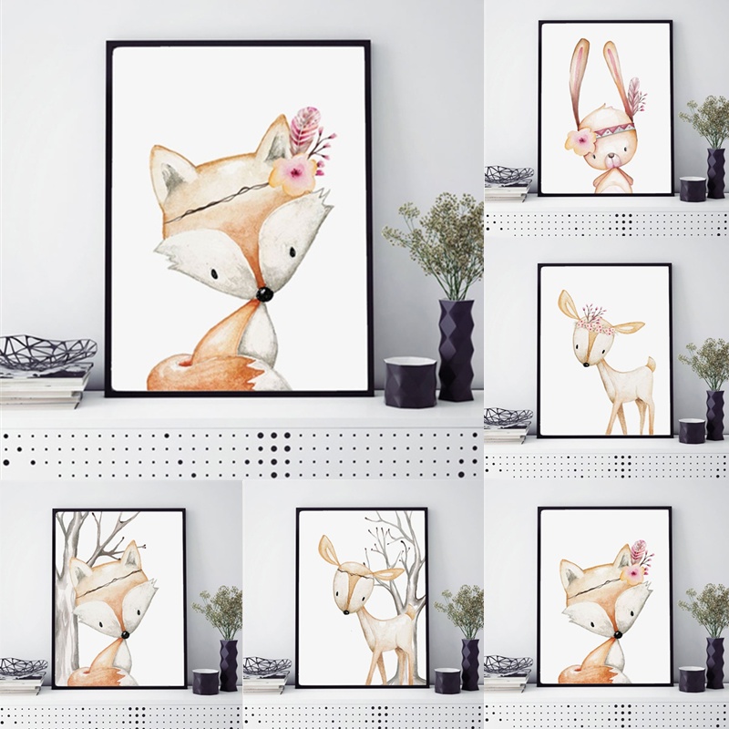Cartoon Rabbit Poster Fox Deer - Baby Nursery Animal Pictures ulasan dan harga