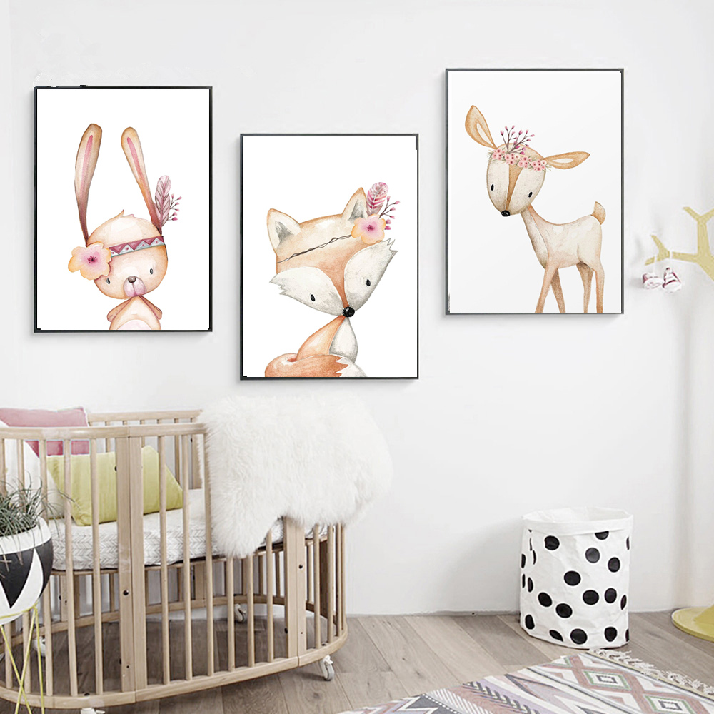 Cartoon Rabbit Poster Fox Deer - Baby Nursery Animal Pictures ulasan dan harga