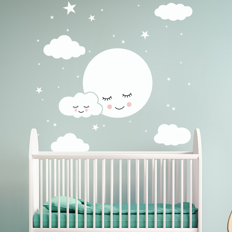 White Cartoon Smiling Cloud St - Baby Nursery Mural Wallpaper ulasan dan harga