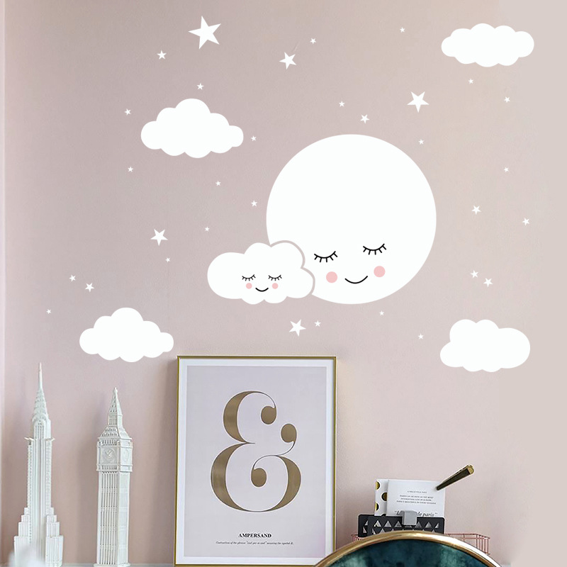 White Cartoon Smiling Cloud St - Baby Nursery Mural Wallpaper ulasan dan harga