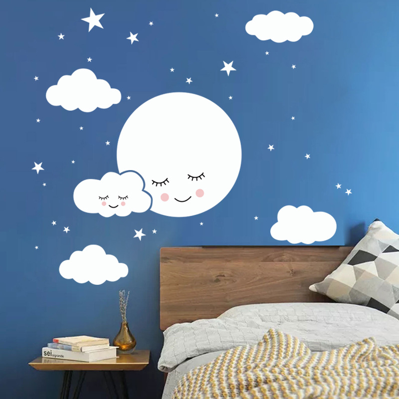 White Cartoon Smiling Cloud St - Baby Nursery Mural Wallpaper ulasan dan harga