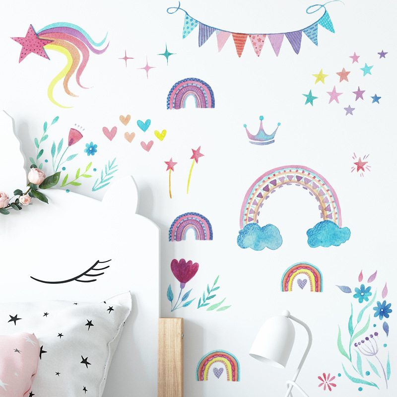 Cartoon Rainbow Stars Wall Sti - Baby Nursery Mural Wallpaper ulasan dan harga