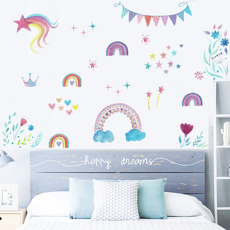 Cartoon Rainbow Stars Wall Sti - Baby Nursery Mural Wallpaper ulasan dan harga