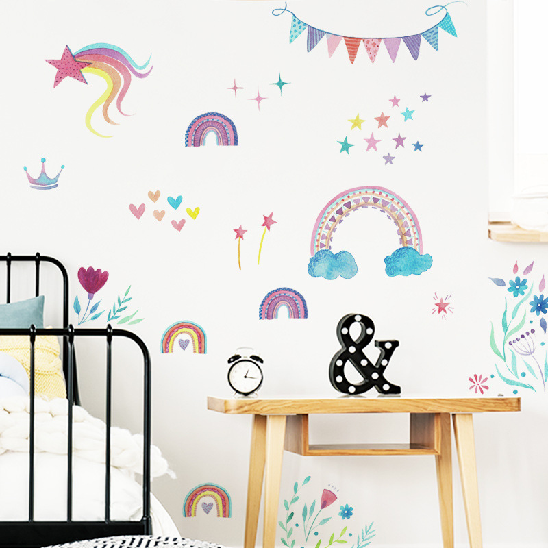 Cartoon Rainbow Stars Wall Sti - Baby Nursery Mural Wallpaper ulasan dan harga