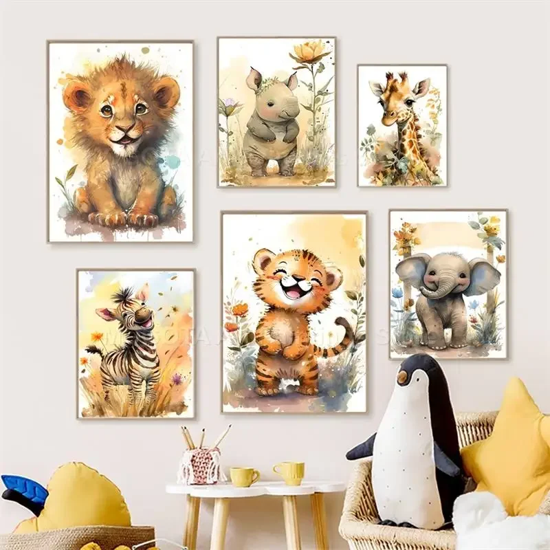 Watercolor Lion Giraffe Tiger  - Baby Nursery Animal Pictures ulasan dan harga