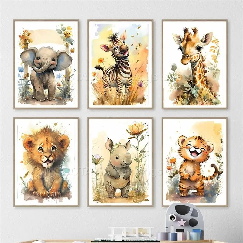 Watercolor Lion Giraffe Tiger  - Baby Nursery Animal Pictures ulasan dan harga
