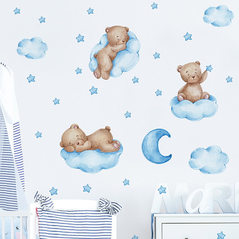 Cartoon Blue Teddy Bear Moon W - Baby Nursery Wallpaper Girl ulasan dan harga