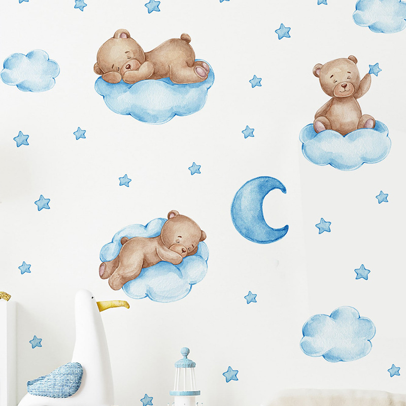 Cartoon Blue Teddy Bear Moon W - Baby Nursery Wallpaper Girl ulasan dan harga