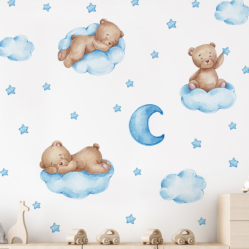 Cartoon Blue Teddy Bear Moon W - Baby Nursery Wallpaper Girl ulasan dan harga