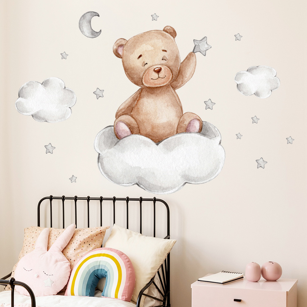 Bear Moon Clouds Stars Wall St - Baby Nursery Mural Wallpaper ulasan dan harga