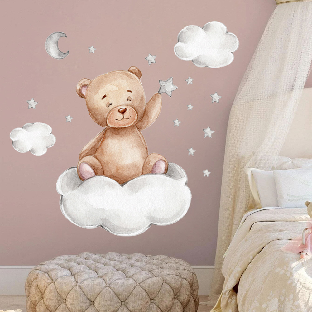 Bear Moon Clouds Stars Wall St - Baby Nursery Mural Wallpaper ulasan dan harga
