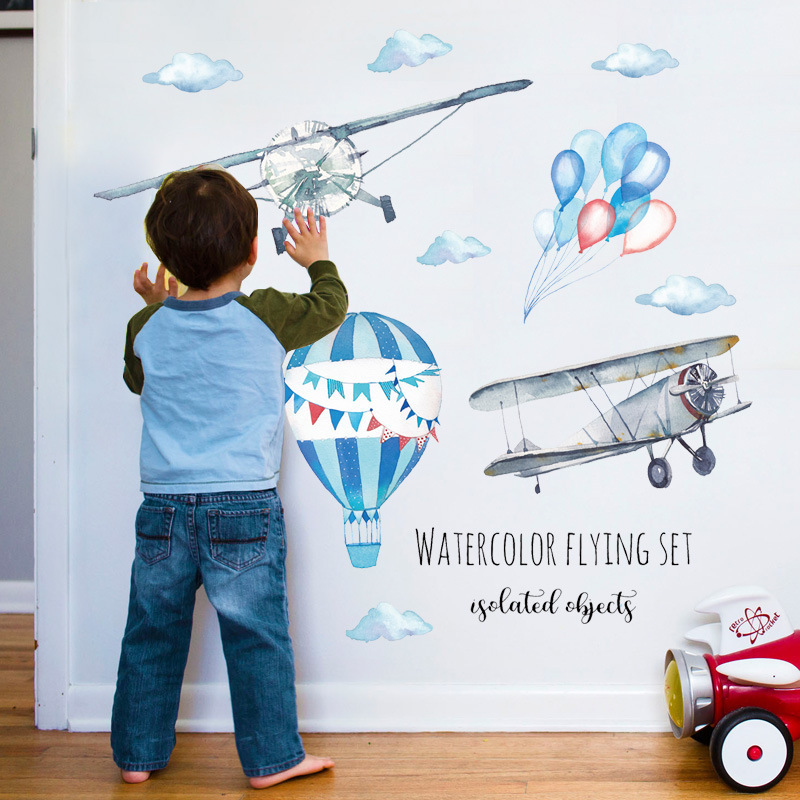 Watercolor Airplane Hot Air Ba - Baby Nursery Mural Wallpaper ulasan dan harga
