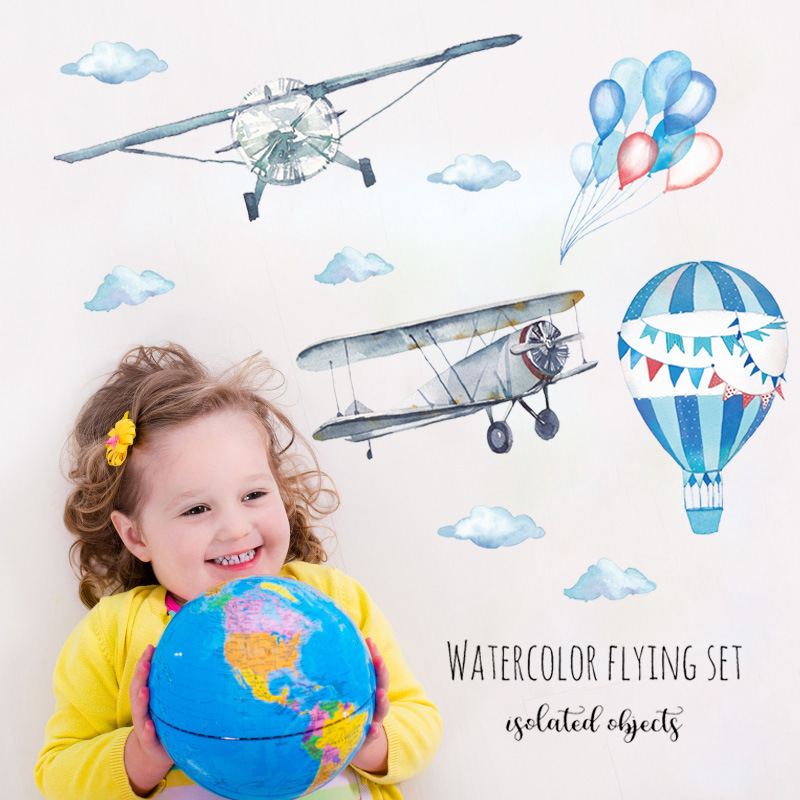Watercolor Airplane Hot Air Ba - Baby Nursery Mural Wallpaper ulasan dan harga