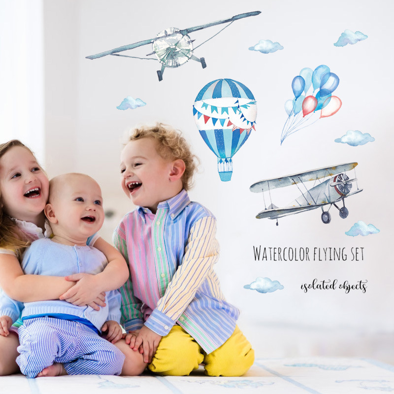 Watercolor Airplane Hot Air Ba - Baby Nursery Mural Wallpaper ulasan dan harga